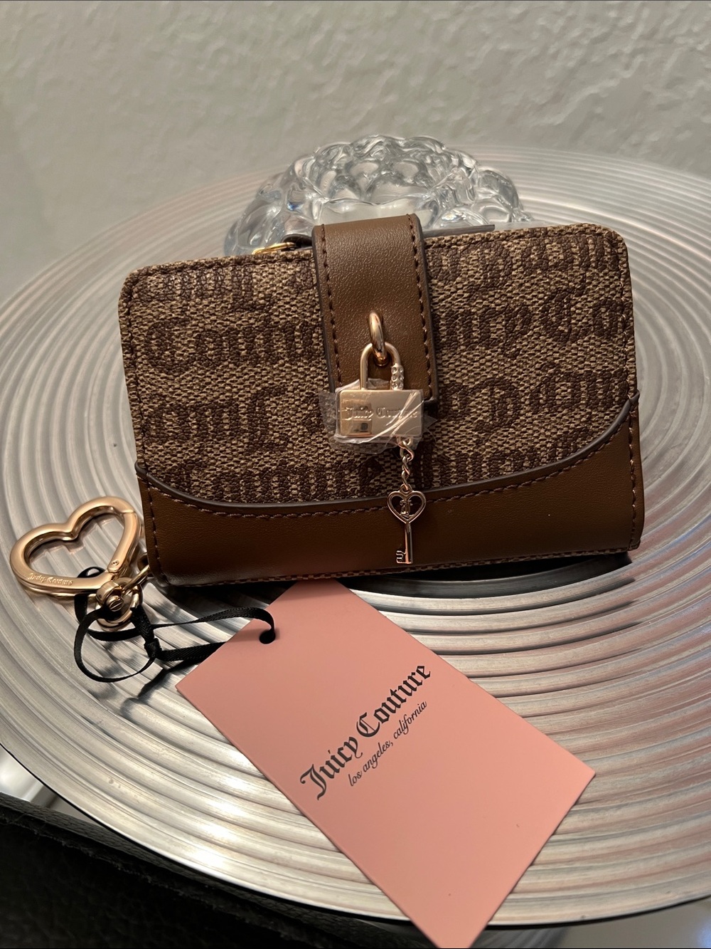 Juicy Couture NWT Brown Logo Mini Wallet with Gold Heart Key Charm